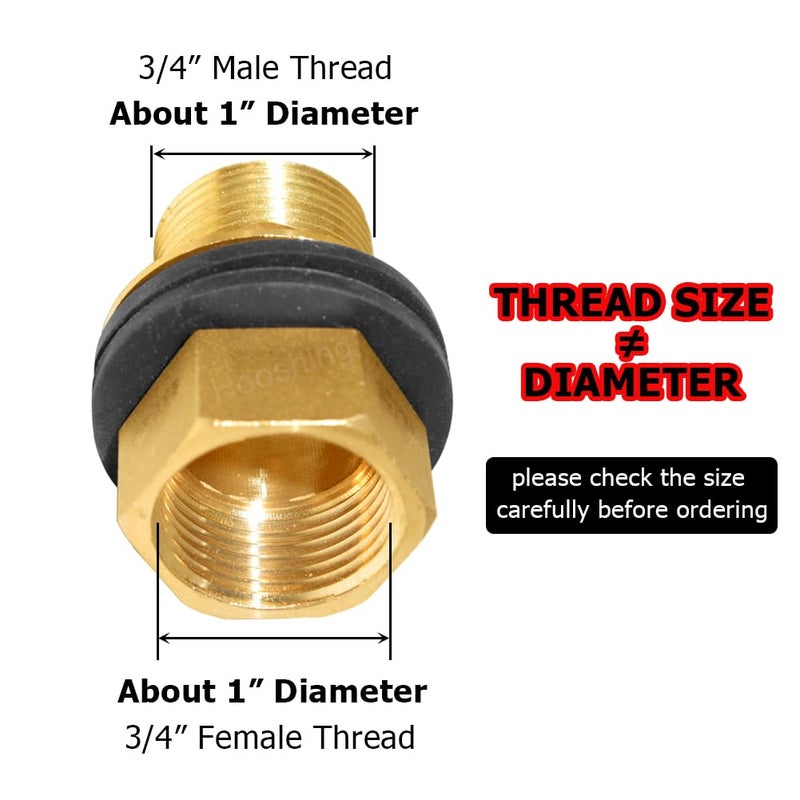 Hooshing Brass Bulkhead Fitting 3/4â€œ Male x 3/4" Female Thread Water Tank Connector for Rain Barrels, Aquariums, Tubs, Pools - Image 2